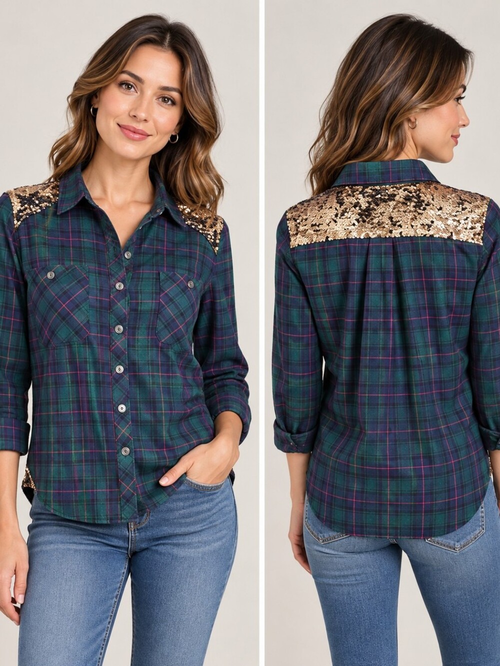 EUC flannel may & july women's plaid 100% cotton Sequins button down shirt M